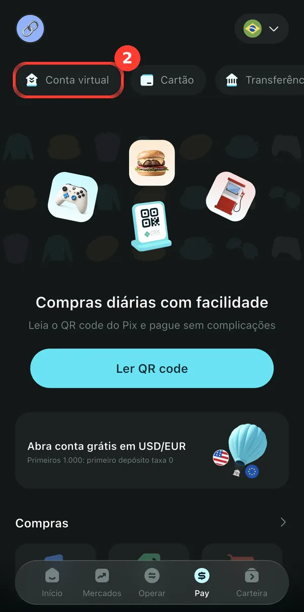Tela Pay da Bitget Wallet com o botão Conta virtual destacado