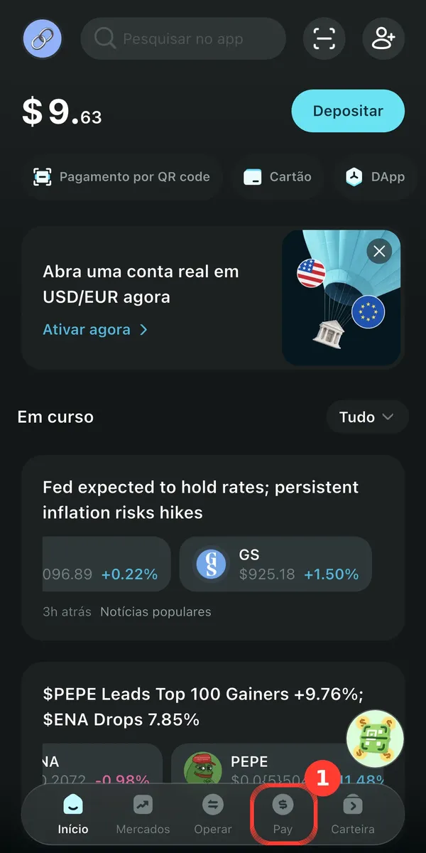 Tela inicial da Bitget Wallet com a aba Pay destacada na barra inferior